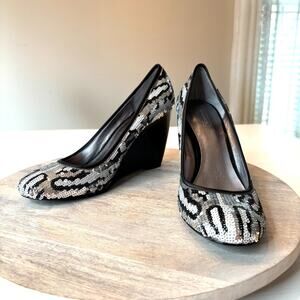Coach Ashley Sequin Zebra Print Wedge Heels Round Toe Black Silver Women's Sz 8